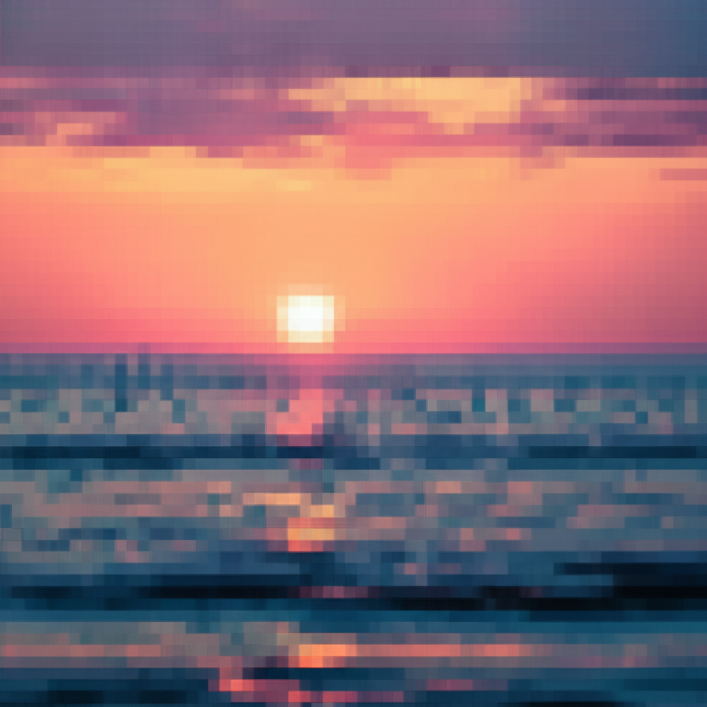Imagen pixelada de baja resolución de atardecer en el océano antes del upscaling con IA